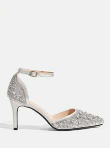 CUCCOO TILAWA Silver Rhinestone Embellished Pointed Toe High Heel Wedding Party Evening Pumps For Christmas - Silver - View 5