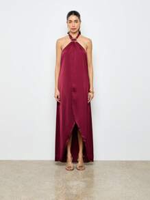 AiiRZ Elegant Halter Neck Satin Maxi Dress With Gold Hardware Detail Evening Gown High Slit Special Occasion Formal Wedding Guest Cocktail Party Floor Length