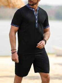 Manfinity Homme Men's Solid Color Buttoned Front Short Sleeve Top & Shorts Set, Minimalist Men Casual Summer Outfit - Navy Blue - View 6