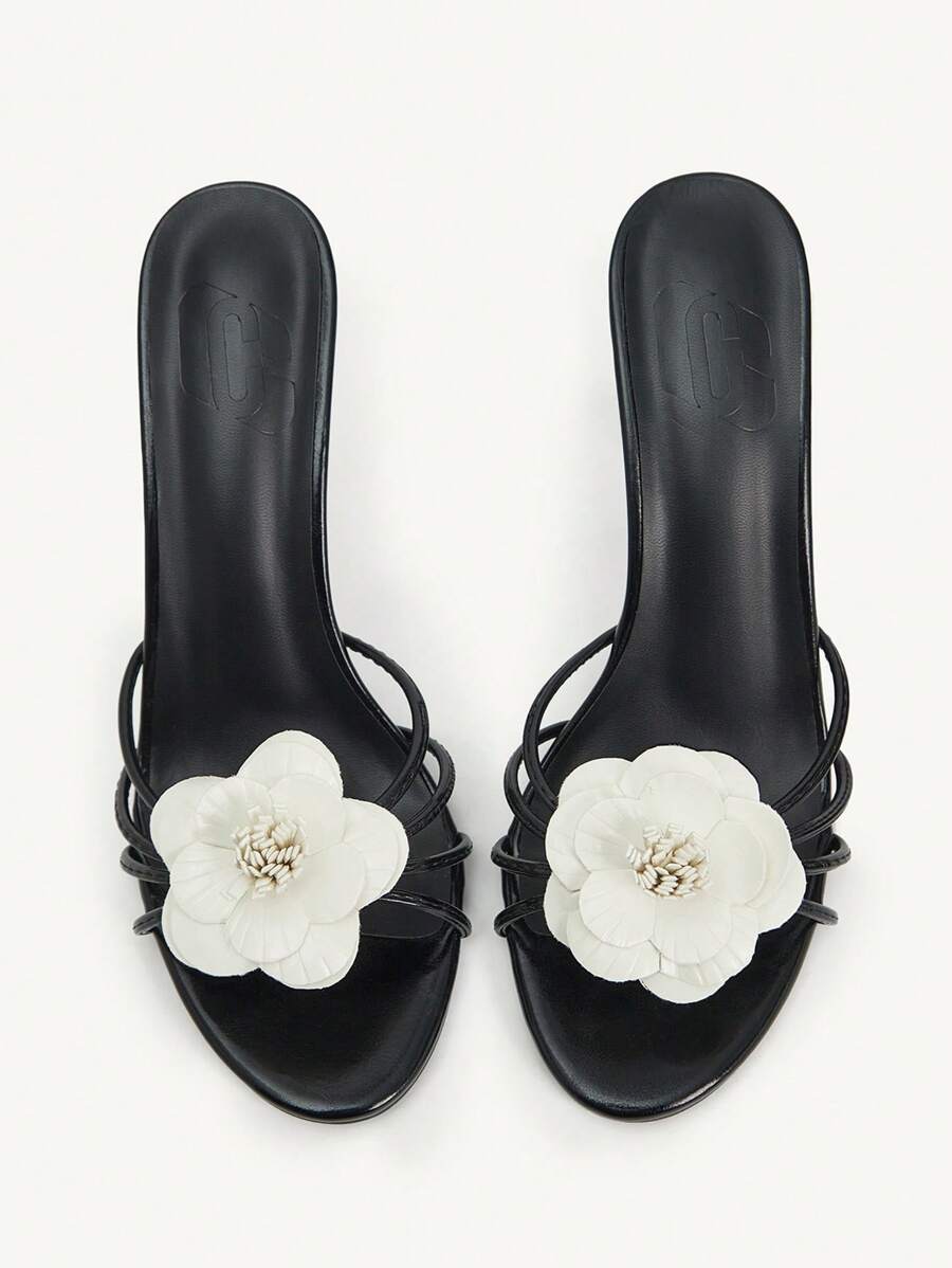 CUCCOO CHICEST 女士夏季新款山茶花圆头细高跟鞋优雅浪漫黑白撞色仿皮凉鞋，派对约会时尚度假风格