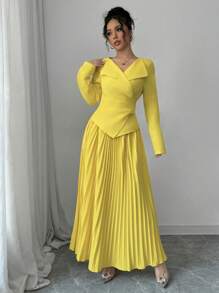 Elenzga 2 件套女士套装：纯色裹身前部不对称下摆长袖上衣和百褶裙 - 黃色 - 查看 5