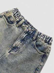 Denimly 女童百搭户外街头风格休闲牛仔裤，松紧腰带，拉链开合，破洞做旧，蝴蝶结装饰，直筒，水洗牛仔裤 - 中等水洗藍 - 查看 6