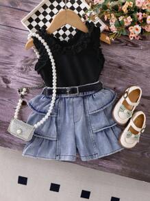 SHEIN Baby Girls' White Blouse + Denim Ruffle Hem Cake Shorts Set - Black - View 1