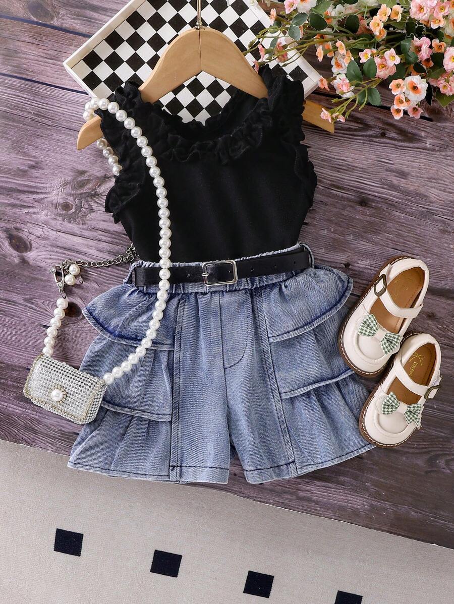 SHEIN Baby Girls' White Blouse + Denim Ruffle Hem Cake Shorts Set - Black - View 1