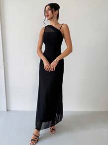 Firerie Elegant Minimalist & Chic Fashion Music Festival Daily Vacation Women's Black Mesh Asymmetrical Neck Ruched Fitted Dress - Black - View 6