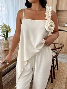 Weeklong Bộ 2 món áo dây mảnh màu trơn cỡ lớn và quần dài, thời trang cho mùa hè - Màu be - Xem 1