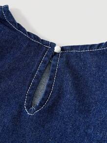 SHEIN Girlism Tween Girls' Summer Boho Ruffle Trim Round Neck Short Sleeve Denim Top With Detachable Belt Baggy Denim Wide Leg Pants Cute Denim Two Pieces Set