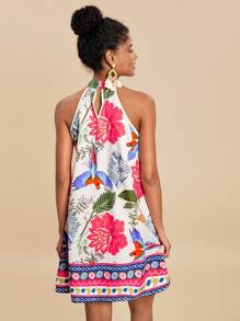 Travachic 女士花卉印花露背宽松休闲连衣裙，适合夏季度假 - 藍色 - 查看 3