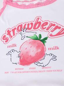 Tween Girls Pink Lace Trim Fruit Strawberry Striped Print Summer Style 2pcs Bra Set