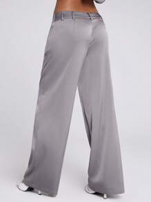 SHEIN BAE 女士香槟色纯色通勤休闲/办公室装/做旧款/时尚出游/缎面直筒裤/春季女裤 - 淺灰色 - 查看 2