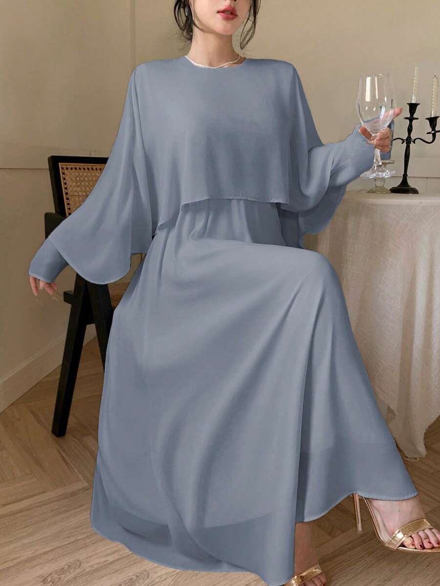 DAZY Chiffon Mid-Calf Length Party Dress For Women, Spring/Fall Long Sleeve Dress - Grey - View 1