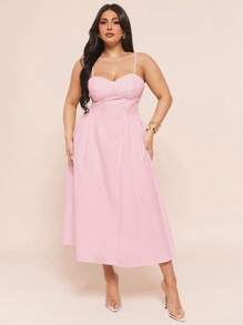 SHEIN BAE 加大码优雅细肩带连衣裙，适合日常穿着、约会、夜间外出、俱乐部派对、休闲优雅吊带裙，春季