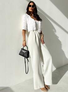 Firerie Chaqueta corta de manga corta, ligera y con textura de rosa 3D, elegante, minimalista, romántica y sofisticada para mujer, ideal para citas, ir al trabajo y vacaciones en otoño/invierno