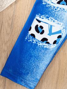 SHEIN 2pcs/Set Young Girl Stylish Number Digital Print Round Neck Flared Long Sleeve Top And Denim Effect Pants Set, Spring/Autumn - Blue - View 5