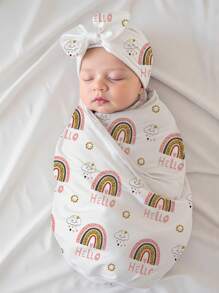 SHEIN 新生儿女孩摄影道具彩虹印花襁褓毯配配套头巾帽女婴摄影包巾