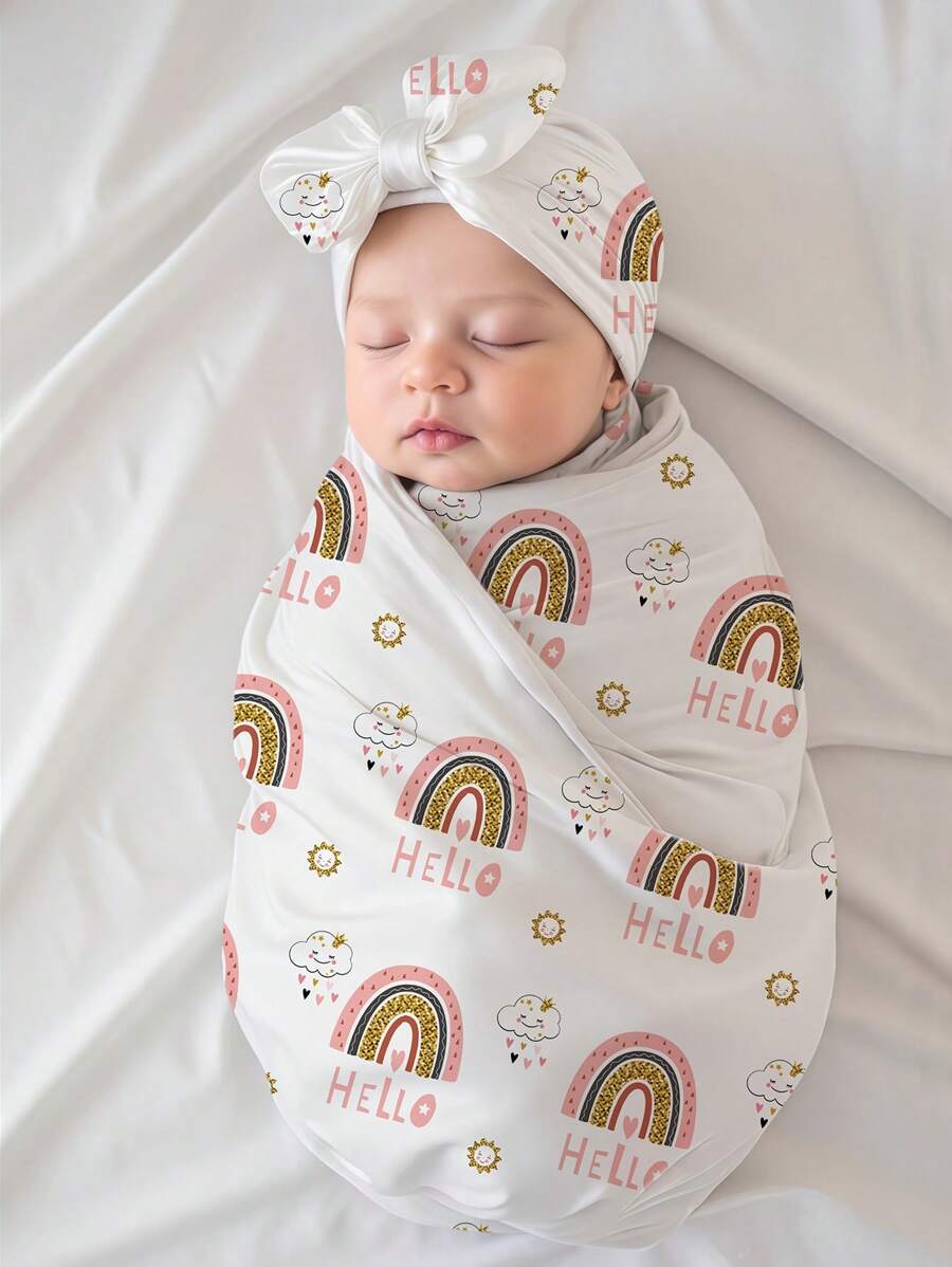 SHEIN 新生儿女孩摄影道具彩虹印花襁褓毯配配套头巾帽女婴摄影包巾