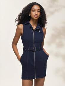 SHEIN EZwear Đầm denim mini không tay cài nút phía trước dành cho nữ - Màu xanh lam - Xem 4