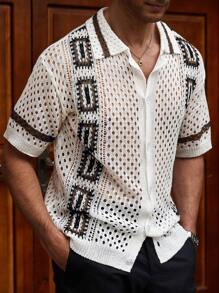 Manfinity CityGents Men's Geometric Pattern Hollow Out Short Sleeve Single-Breasted Knit Top - Multicolor - View 3