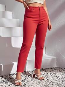Slaydiva Plus Size Casual Solid Color Slim Fit Jeans - Red - View 4