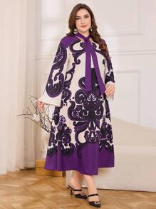 Lacomfia Plus Size Graphic Printed A-Line Elegant Dress - Purple - View 1