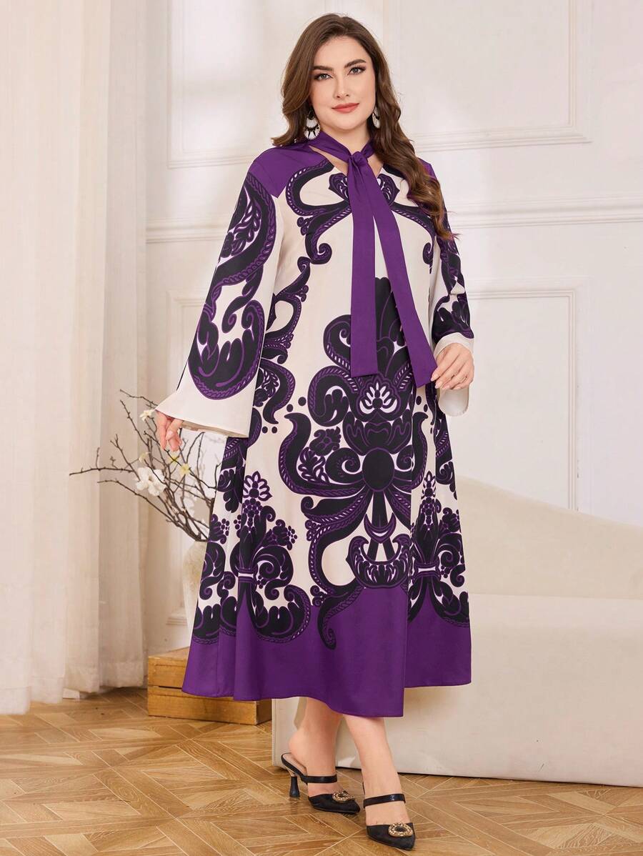 Lacomfia Plus Size Graphic Printed A-Line Elegant Dress - Purple - View 1