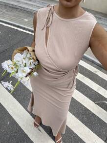 Flirla Plus Size Elegant Solid Color Tie Wrap Cami And Mermaid Hem Skirt 2 Pieces Set, Summer