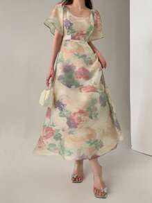 DAZY 新款夏季女士优雅中长印花连衣裙度假装扮女士长款连衣裙 - 粉色 - 查看 4