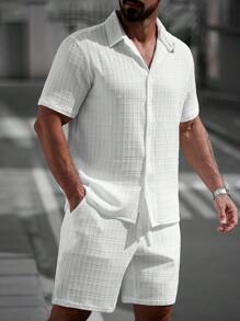 Manfinity Homme 2 件男士纯色短袖单排扣衬衫和短裤套装，休闲男士夏季服装男士衬衫套装男士衣服男士衬衫套装男士短裤套装男士衬衫套装