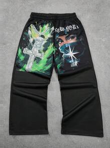 Manfinity EMRG Men's Sweatpants, One-Piece Set, Elastic Waistband, Functional Pockets On Both Sides, Loose Straight Version, Fluorescent Color, "Religious Cross" Pattern With "Realistic Face" Pattern, Showing Bold Personalized, On, Can Be Worn At Home Or Outdoors, Suitable For Young Casual Sports, Daily Commuting, Back To School And Vacation, The First Choice For Gifts For Boyfriends And Husbands, Couples' Wear Y2k Clothes Men Graphic Pants Graphic Sweat Pants Men Streetwear - Black - View 1