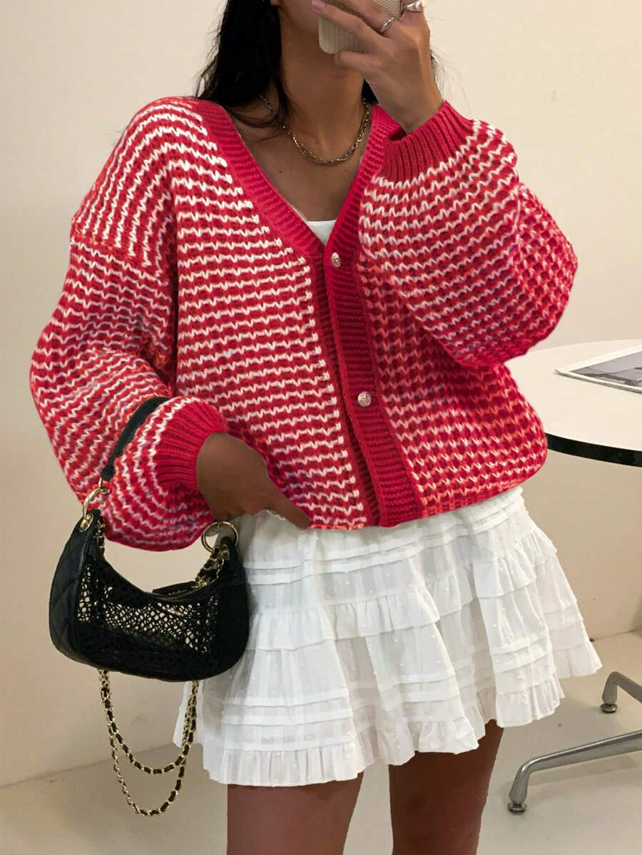 INAWLY 女士休闲条纹落肩宽松开衫，秋冬