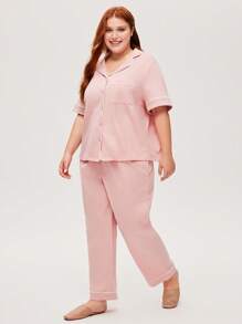 LUVLETTE Bộ đồ ngủ nữ cỡ lớn màu hồng mềm mại 100% cotton nguyên chất, tay ngắn, viền tương phản, kiểu dáng cơ bản, cài cúc và quần, có túi, thích hợp cho cô dâu, mùa xuân và hè. - Hồng - Xem 4