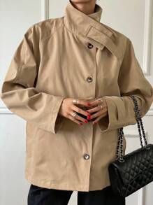 DAZY Áo khoác gió tay dài cài khuy đơn màu trơn cho nữ, Quần áo mùa thu cho nữ Áo khoác nữ - Màu Khaki - Xem 2