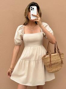 SHEIN Frenchy Vestido mini con mangas cortas abombadas, cuello cuadrado hueco anudado y unicolor para mujeres