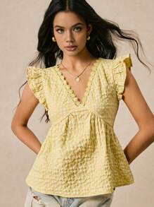 Poéselle Cremegelbe Bluse, Jacquard-Gewebe mit Dreidimensionalität, Spitzenbesatz, Puppenbluse, Ausgehenshirt, Damen Urlaubs-Lässig-Einfarbige Jacquard-Bluse mit Puffärmeln, Buttergelb