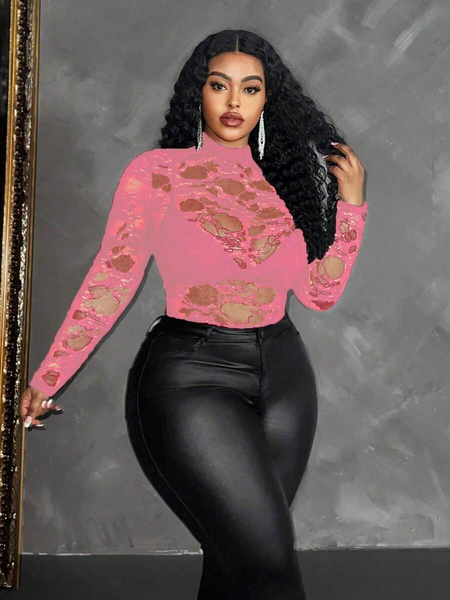 Maweii 大码女式立领透明性感纯色长袖衬衫