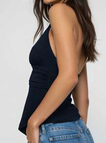 Damen tief ausgeschnittenes gerafftes Cut Out sexy Träger-Top mit V-Ausschnitt - Blau - Übersicht 3