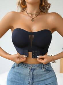 SHEIN Black Sexy One-Shoulder Lift Support Front Buckle Strapless Lingerie Bra