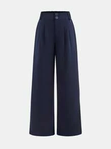 SHEIN Girlism Tween Girls' Loose Mid-Rise Versatile Elegant Belted Wide Leg Pants - Navy Blue - View 5