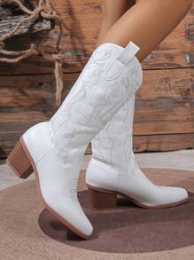 ROMWE Fairycore Giày bốt cao bồi miền Tây thêu mũi nhọn màu trắng cho nữ, xỏ vào, mùa xuân/thu - trắng - Xem 6