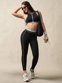 VARSIVA Women Letter Knit Panel Zipper Front Yoga Sports Bra, Everyday Wear - Black and White - View 5