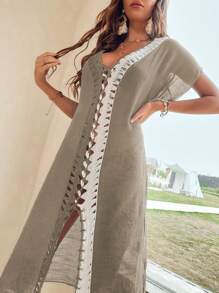 Breezaya Damen Sommer Urlaubs Kontrast Farbblock Seiten Schlitz Loose Chiffon Strandkleid