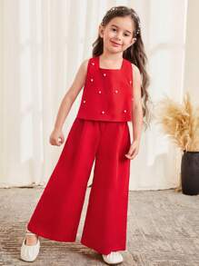 SHEIN 2pcs Young Girls Bow Decor A-Line Camisole Set, Elegant, Fashionable, Versatile, Suitable For Party, Outing, Sister Photo Shoot, Park, Camping, Vacation, Casual Daily Wear,Kids - Red - View 4