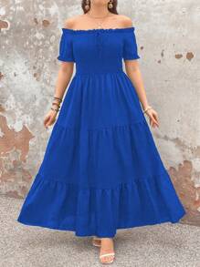 SHEIN Clasi 优雅通勤经典休闲百搭女式时尚热销荷叶边面料蝴蝶结松紧腰喇叭下摆设计黑色加大码连衣裙，适合春季、夏季、秋季 - 寶藍色 - 查看 4