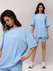 SHEIN Forever 21 Lässiges Damen Sommer, Tee-Party, Strand-Urlaub, Zuhause Casual blaues, weites, weißes Buchstaben-bedrucktes Oversized T-Shirt - Blau - Übersicht 3