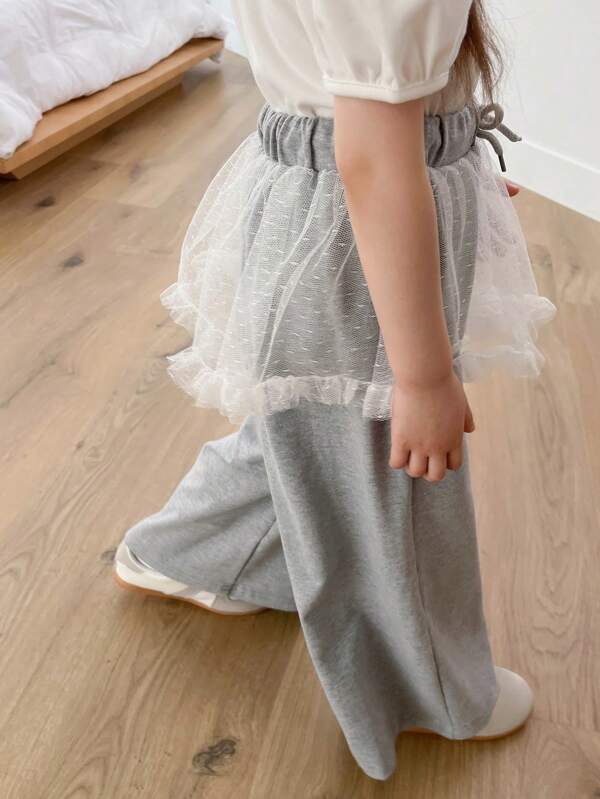 Dazy Kids Young Girl Drawstring Waist Contrast Mesh Ruffle Hem Loose Pants,Girls Summer Outfits