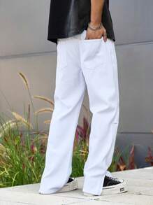 Manfinity Homme Men's White Denim Jeans: Casual Modern Style Long Length With Zipper Details - White - View 2