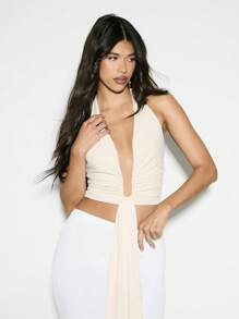 KIZN Halter Neck Plunge Top Draped Panel Design Crop Length Club Party Formal Evening Summer Sleeveless Wrap Style