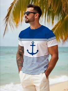 Manfinity RSRT Fashionable Casual Mature Vacation Style Nautical Anchor Striped Ombre Graphic Print Slim Fit Short Sleeve T-Shirt For Men, Suitable For Outdoor, Vacation, Dates, Parties, Great Gift For Boyfriend - Multicolor - View 1