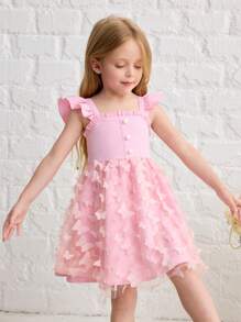 SHEIN Young Girl Fusion Casual Minimalist Comfortable Square Neck Ruffle Cap Sleeve Back Butterfly Decor Dress