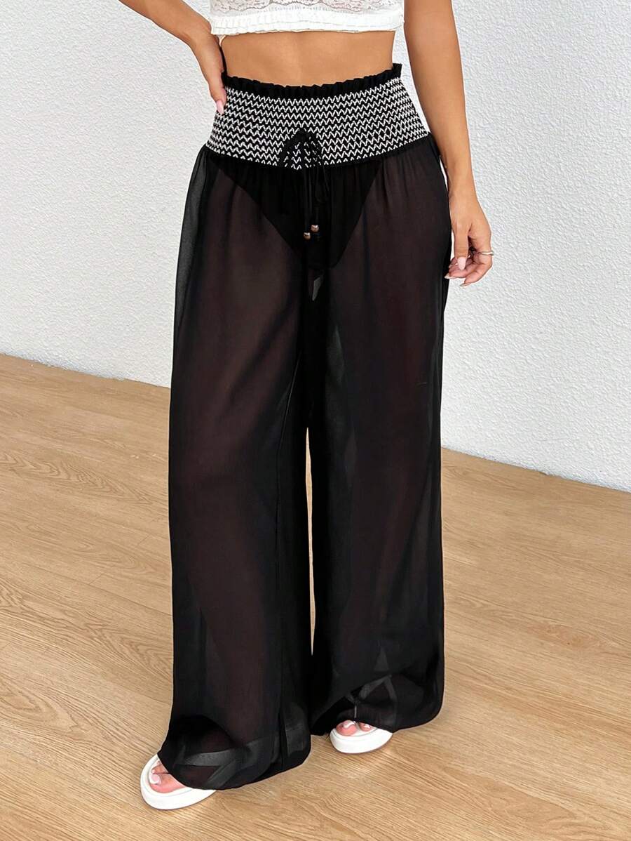 SHEIN EZwear 女士夏季雪纺抽绳腰黑色裤子 - 黑色 - 查看 1